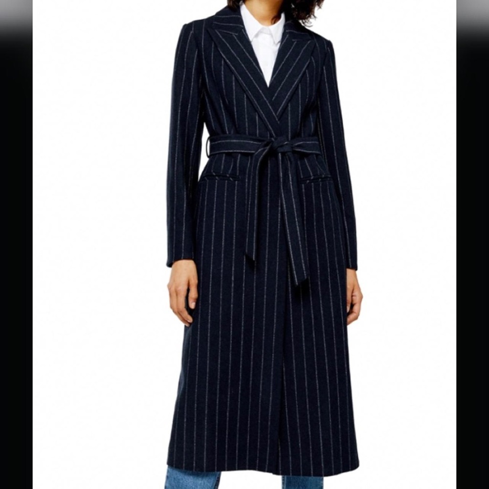 Navy Pinstripe Belted Coat
